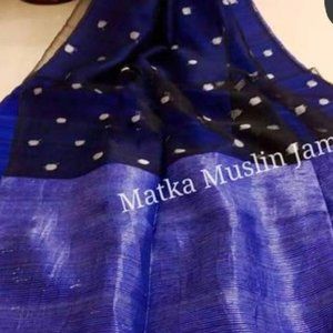 Navy Blue Handloom Ball Motif Pure Matka Muslin Silk saree